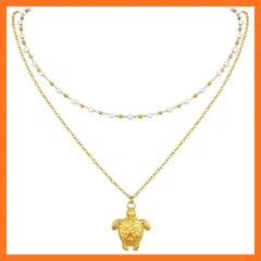 【新品】 [Deelfel] ネックレス レディース ゴールド ステンレス 海モチーフ ウミガメペンダント 二連チョーカー風 パール装飾 夏アクセサリー アジャスター付きチェーン 金属アレルギー対応 海辺ファッションに映える一品 0