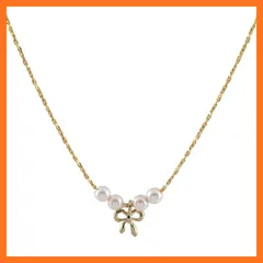 【新品】 [ジュエリーショップエム] お肌に優しいニッケルフリー★高級極細キラキラチェーン ミニリボン＆パールネックレス シルバー(n3466-R) 0