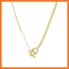 【新品】 [Rockyu] ネックレス レディース ゴールド ホワイト パールチェーン 楕円ネックレス おしゃれ スネークチェーン 八形ペンダント チタン 金属アレルギー対応 誕生日 パーティー アクセサリー 1