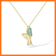 【新品】 [Deelfel] ネックレス レディース ゴールド 18金メッキ 蝶々ネックレス かわいい 動物 白蝶貝バタフライ おしゃれ 蝶ペンダント 細め あずきチェーン付け チタン アクセサリー (緑蝶－ゴールド) 0