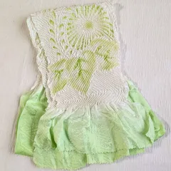 美品★帯揚げ 絞り 中抜き 黄緑×白 和装小物 成人式 振袖 正絹 248