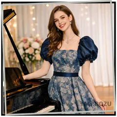 【在庫入替】【新品】【3wayが楽しめるプチレトロがオトナの上品を演出するロングドレス)ஐ♬.*ﾟ】演奏会用  結婚式 前撮り セルフ前撮り  コンサート 発表会 リサイタル  結婚式2次会  ピアノ 発表会 コーラス 合唱衣装 ブルー 青 花柄 M