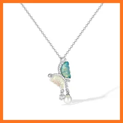 【新品】 [Deelfel] ネックレス レディース ゴールド 18金メッキ 蝶々ネックレス かわいい 動物 白蝶貝バタフライ おしゃれ 蝶ペンダント 細め あずきチェーン付け チタン アクセサリー (緑蝶－シルバー) 0