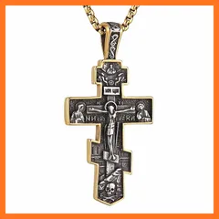 【新品】 HZMAN 東方正教会十字架ネックレス メンズ レディース レトロ 宗教 イエス 十字架 ビザンチン十字架 クリスチャンペンダント ジュエリーギフト, ステンレス鋼, 宝石なし 0