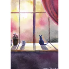 ななママさま専用（原画）窓辺の猫 #3【A5サイズ／水彩画／#3028】