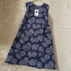 送料込み】新品未使用　ジャガンナート　エプロンドレス　ワンピース　フリーサイズ　総柄　ボタニカル　紺色　ネイビー系　インド綿100% アジアン雑貨　エプロン　体型カバーコットン