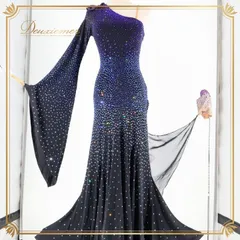 社交ダンス 衣装 スタンダードドレス ワンピース ドレス 黒 青 豪華 ゴージャス デモ 競技 パーティ 発表会 ビジュー フロート レース 高級感 ブラック系 ブルー系 高級ドレス 大人用 ドレスアップ パーティー ビジュー装飾 輝き オシャレ