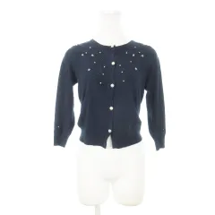 クイーンズコート QUEENS COURT カーディガン ニット ラウンドネック 七分袖 ショート丈 ストレッチ 薄手 フラワーモチーフ ビジュー ビーズ 2 紺 ネイビー /MN13