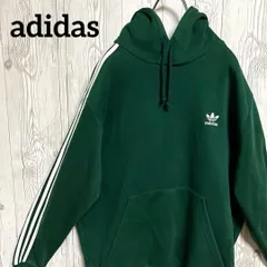 adidas アディダス フーディ スウェット パーカー プルオーバー 緑 グリーン 3本ライン 3本線 スリーストライプス 三つ葉 トレフォイル ロゴ 刺繍 メンズ 古着 定番 人気　25-9-117