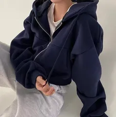 【ネイビー】パーカー レディース ジップアップ ショート丈 オーバーサイズ スウェット フード付き フーディー 春秋冬  カジュアル