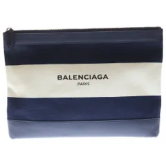 BALENCIAGA (バレンシアガ) ネイビークリップ ロゴプリント ボーダー キャンバス レザー クラッチ セカンドバッグ ネイビー 420407