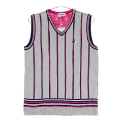 サイズ：LL BLACK&WHITE ブラックアンドホワイト  ウール混 Vネック ニットベスト ストライプ柄 グレー系 [240101611367] ゴルフウェア レディース ストスト