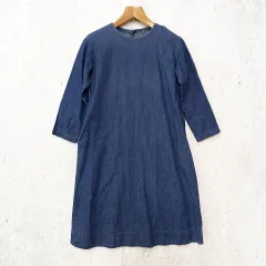 無印良品 ムジルシリョウヒン インド綿 デニム クルーネック ワンピース カジュアル ナチュラル ブルー MｰLサイズ ◇〇