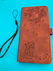 Galaxy A53 5G 手帳型ケース 猫 桜柄 ブラウン カード収納 ストラップ付き マグネット式 スマホケース