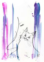 原画#298 黒猫 ベネチア 星空 イタリア 水彩画 ドローイング