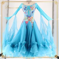 社交ダンス 衣装 スタンダードドレス ドレス ワンピース スタンダード フロート フリル ベロア 水色 デモ 競技 ダンス パーティ 発表会 レース 豪華 綺麗 ブルー系 フロア映え スカート 重ね フワフワ 舞う エレガント 女性用 競技用ダンス衣装