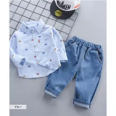 ブルー 車柄 2点 セットアップ 長袖 シャツ 長ズボン 上下セット キッズ ベビー服 男の子 ボーイズ 綿混 春 秋 カジュアル お出かけ 韓国子供服 80cm 90cm 100cm 110cm 120cm