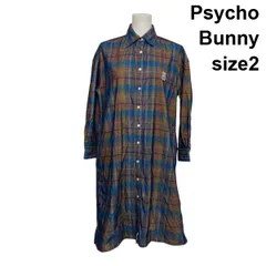◆ サイコバニー Psycho Bunny コーデュロイ シャツワンピース 長袖 ロング チェック柄 バニーロゴ コットン混 2 L 11号 レディース S6A417
