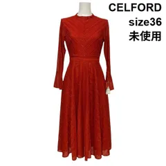 ◆ 未使用 セルフォード CELFORD ジャガードレースタートル ワンピース ドレス 長袖 ロング丈 フレア 赤 36 S 7号 レディース S6A429