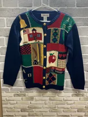 A【A25-37】◇ Talbots Sサイズ カーディガン 多色 総柄 肩パッド付き