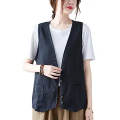 [KOEKOI] ベスト レディース 夏 綿 麻 サマーベスト ジレベスト トップス カジュアル 着せ 無地 薄手 大きいサイズ 重ね着風 チョッキ Vネック 体型カバー カットソー 通勤 ベスト綿麻 カーディガン 袖なし サマーベスト ポケット付き