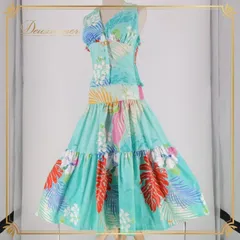 フラダンス 衣装 ツーピース セットアップ 上下セット パンドール ブルー系 Paondor 日本製 ホルターネック プルメリア柄 ハイビスカス柄 モンステラ柄 かわいい 華やか 鮮やか 明るい カラフル 水色 赤 ハワイアン アロハ ハワイアンプリント フラ