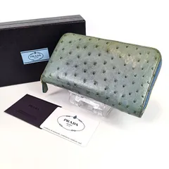 レア PRADA プラダ ラウンドファスナー 長財布 オーストリッチ ブルー系 ギャランティーカード 箱あり 中古 ブランド ラウンドジップ 希少 メンズ レディース