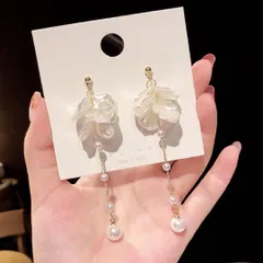 シェル花びらロングピアス　結婚式　揺れる　ブライダル　パール　華やか　1208