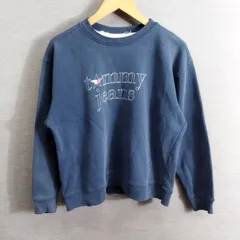 TOMMY JEANS トミージーンズ トレーナー スウェット クルーネック 長袖 裏起毛 アメリカ製 古着 プリント レディース S ネイビー系 A748