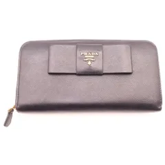 PRADA (プラダ) サフィアーノ リボン ラウンドジップウォレット ロングウォレット 長財布 ブラック ゴールド金具 1ML506