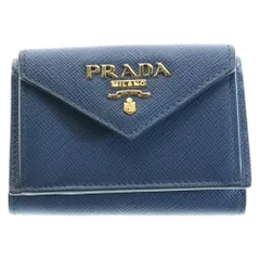 PRADA (プラダ) サフィアーノ 三つ折り財布 コンパクトウォレット コインケース ゴールド金具 ネイビー レザー 1MH021
