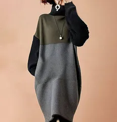 ニットワンピ レディース ニット 即購入OK ワンピース ハイネック 長袖 バブル袖 膝丈 ミディアム丈 配色 体型カバー ゆったり シンプル カジュアル おしゃれ かわいい 秋 冬 通勤 通学