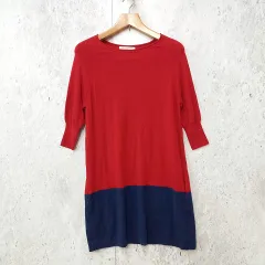 GREEN LABEL RELAXING グリーンレーベルリラクシング ニット ワンピース ミニ丈 チュニック 五分袖 レッド ネイビー ◎_〇◇