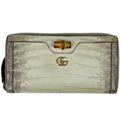 グッチ GUCCI GGマーモント ラウンドファスナー 長財布 ダブルG ラウンドジップ バンブー 長財布 クロコダイル ホワイト 653634 レディース 【中古】