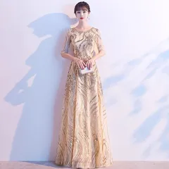 新品未使用 ゴールドドレス女性用 高級感満点エレガントハイエンド 忘年会司会者用 合唱舞台演出服スパンコール款
