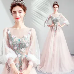 新品未使用 パーティードレス 女性用モードスタイル超ファンタジーピンク 花嫁袖付き二次会着 忘年会 / ウォーキングショー / 舞台演出用