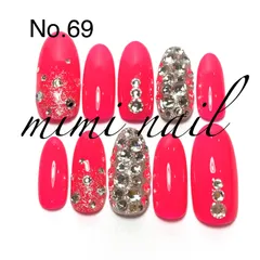 No.69 ネオンピンク＆ストーン敷き詰めネイルチップ ハンドメイド ロング ジェルコート済