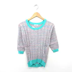 インデックス INDEX タグ付き ニット セーター 丸首 ケーブル編み 総柄 七分袖 M グレー グリーン 緑 /TT