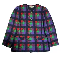 ノーカラージャケット　レトロ　ヴィンテージ　チェック柄　レトロボタン　一点物　マルチカラー　パープル　レッド　グリーン　紫　赤　緑　9AB2 Mサイズ相当