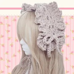 ハンドメイド　ヘッドドレス　イヤーマフ　ブラウン　茶色　リボン　フリル　手編み　編み物　ロリータ　姫系