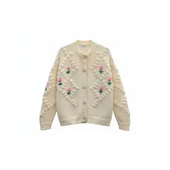 アイボリー 花 刺繍 ケーブル編み バギー ニット カーディガン