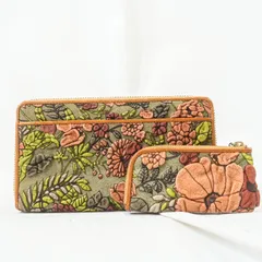 decobranche デコブランシェ 花柄 レザー 長財布 コインケース付き フラワー 型押し 本革 ラウンドファスナー レディース ウォレット グリーン系 美品