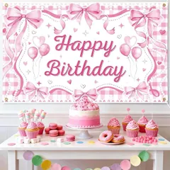 【送料無料】Paready バースデー タペストリー 誕生日 飾り付け 大判 ハッピーバースデー 飾り Happy Birthday フォトポスター 写真背景 おしゃれ デコレーション 装飾 大人 女の子 男の子 リボン ピンク
