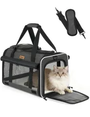 【送料無料】Tresbro 猫 キャリー 猫 きゃりーバッグ ロック式ダブルファスナー カーテン付きの 猫 移動用キャリー 犬用キャリーバック 変形しない 通気性 車載/旅行/通院/災害避難用 ペットバッグ 猫用 犬用 小型犬用 手提げ ショルダー (ブラック