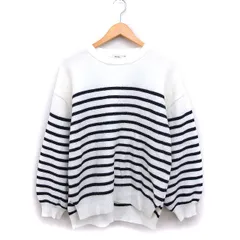 ニコアンド Niko and.. ボーダー柄 ニット セーター 長袖 丸首 M ホワイト 白 ブラック 黒 /FT26