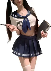 [WhimsiNova] セーラー服 セクシー コスプレ JK 制服  半袖 へそ出し 上下セット 透け透け 半袖 下着 可愛い かわいい 女性 仮装 ミニスカート 衣装 ハロウィン クリスマス 文化祭 学園祭
