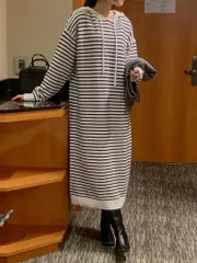 フード付きワンピース 人気 良い ボーダー柄 ロング丈ワンピース