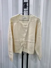 アイボリー ケーブル編み リボン結び バギー カーディガン