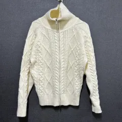 90 レディース エイトセカンズ アイボリー ケーブル編み ジップアップ カーディガン
