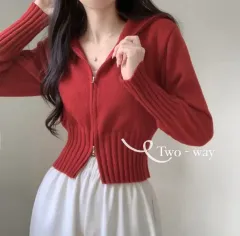 エイブリー ツーウェイ 長袖 ニット クロップド カーディガン ジップアップ レッド